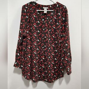 Catherine's Red Black Cardinal Print Tunic Blouse Womens XL